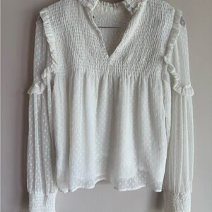Zara White Textured Blouse with Ruffles